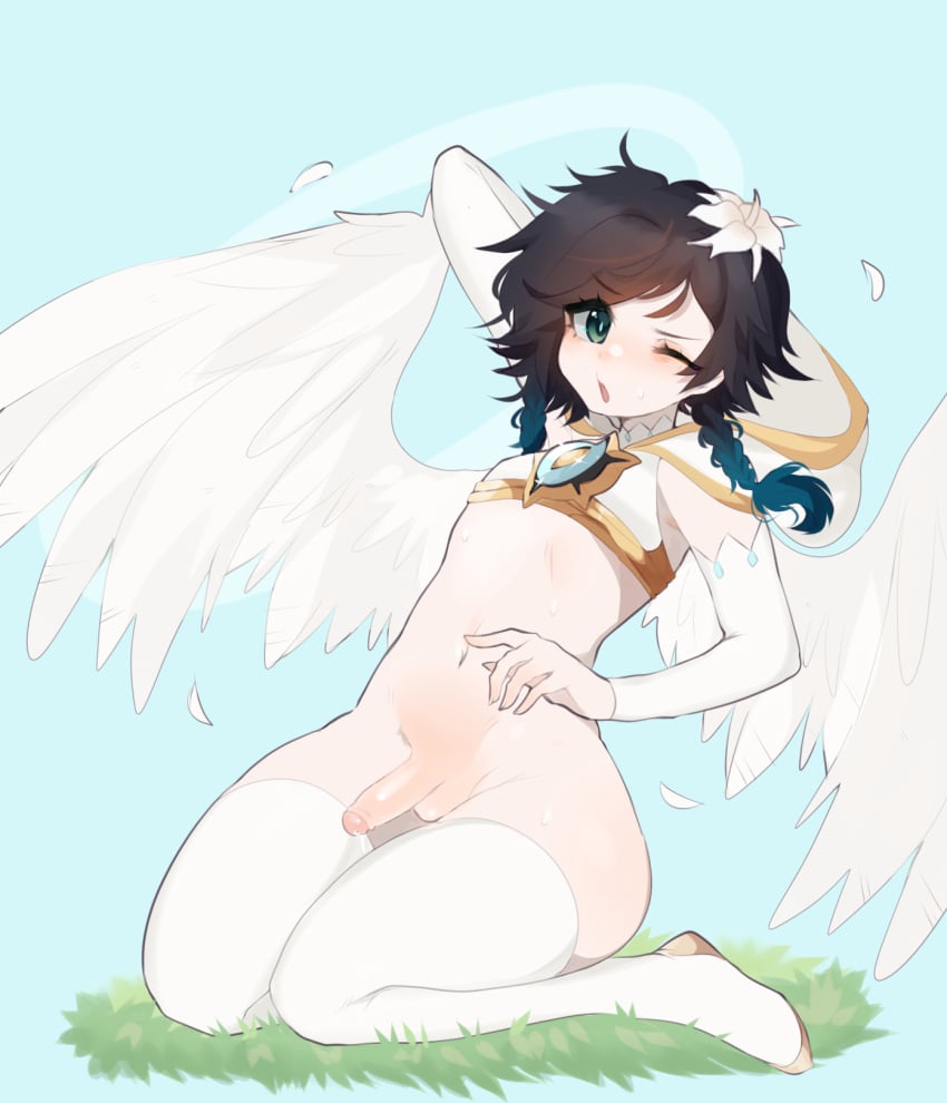 1boy angel_wings arm_warmers balls blue_hair braid chestnut_mouth cum_drip cum_dripping femboy flower_in_hair fredek666 genshin_impact girly gradient_hair grass long_hair one_eye_closed open_mouth outside penis shiny_skin sky solo stomach sweat thick_thighs thighhighs trap venti_(genshin_impact) wings