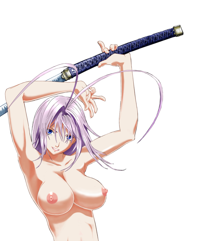 1girls antenna areola blue_eyes breasts busty cleavage female female_only highres katana natsume_maya nipples nude purple_hair solo sword tagme tenjou_tenge voluptuous weapon