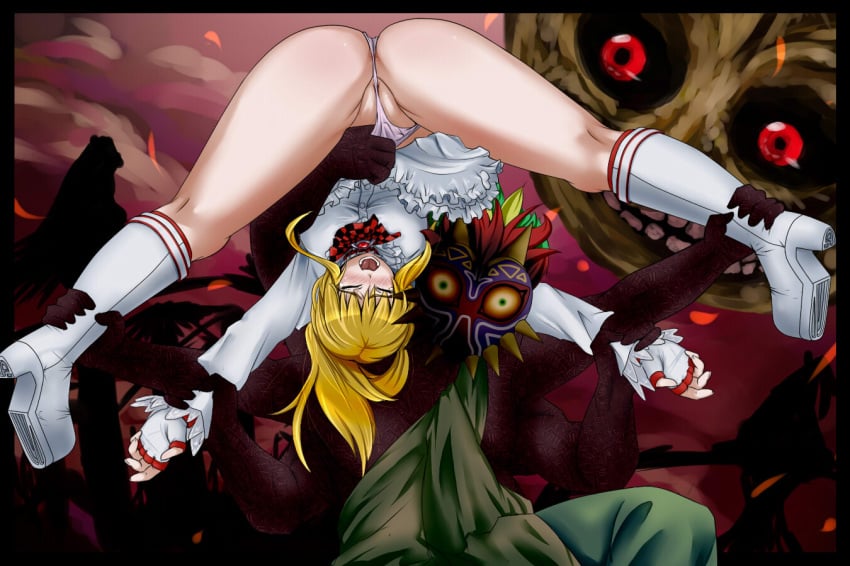 ass blonde_hair blush boots crossover emilie_de_rochefort fingerless_gloves kinniku_buster majora's_mask majora_(entity) monster namco nintendo open_mouth panties restrained skull skull_kid spread_legs straight_hair tekken the_legend_of_zelda the_moon_(tloz) top-down_bottom-up uncensored underwear yoshitora