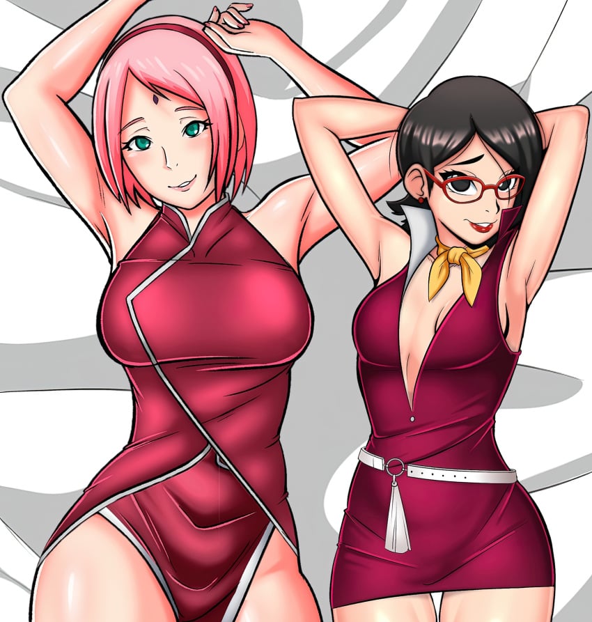 2girls adapted_costume age_difference alternate_background alternate_version_at_source alternative_bust_size armpit_focus armpit_pose armpit_sex_invitation armpits arms_behind_head arms_up bangs bare_arms bare_legs belmont belt black_eyes black_hair bob_cut boruto:_naruto_next_generations breast_size_difference breasts collared_dress cowboy_shot cropped dakimakura daughter dress earrings facial_mark female female_only forehead_mark green_eyes hair_down hair_strands hairband height_difference high_collar high_resolution implied_no_bra implied_nopan jewelry kunoichi large_breasts legs light_blush lipstick looking_at_viewer makeup mature medium_breasts medium_hair megane mesugaki milf mother mother_and_daughter multiple_girls multiple_sources naruto neckerchief official_alternate_costume older_female older_woman_and_younger_girl paid_reward parted_lips patreon_reward pelvic_curtain petite pink_hair presenting_armpit red-framed_glasses red_dress red_earrings red_hairband red_lipstick sakura_haruno sarada_uchiha sexy_armpits short_hair sideboob sleeveless small_but_busty smaller_version_at_source smiling_at_viewer smooth_armpits stud_earrings swept_bangs tassel thigh_gap third-party_edit very_high_resolution white_belt yellow_neckerchief yellow_neckwear younger_female