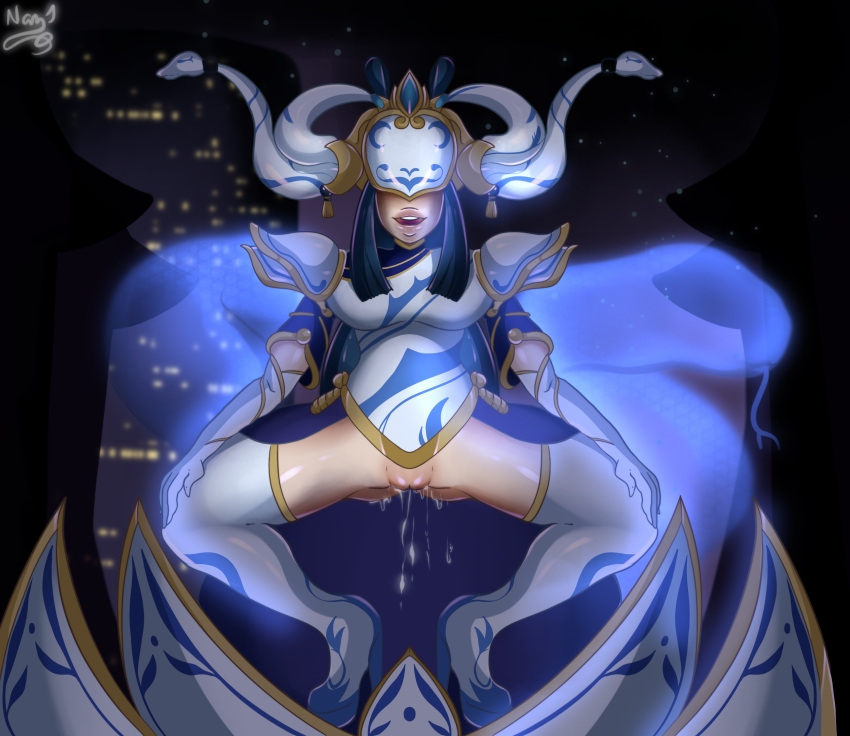 1girls black_hair blindfold clothed clothing female female_only league_of_legends light-skinned_female light_skin lissandra lunar_new_year lunar_revel_series mostly_clothed namvalchyria porcelain_lissandra pussy pussy_juice thick_thighs thighhighs