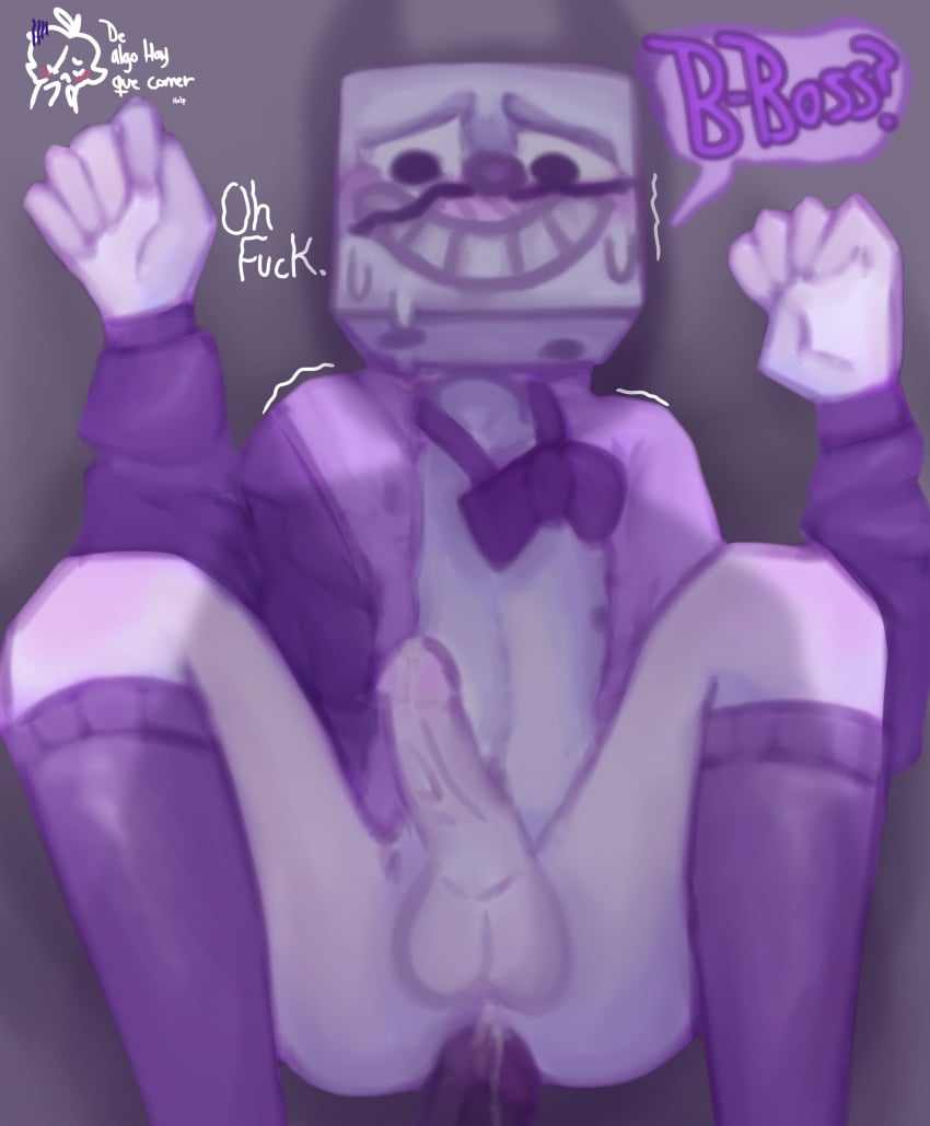 big_penis black_eyes black_skin cuphead_(game) gay_sex king_dice male_penetrated nervous nervous_smile purple_clothes purple_clothing purple_socks sex the_devil_(cuphead) white_skin