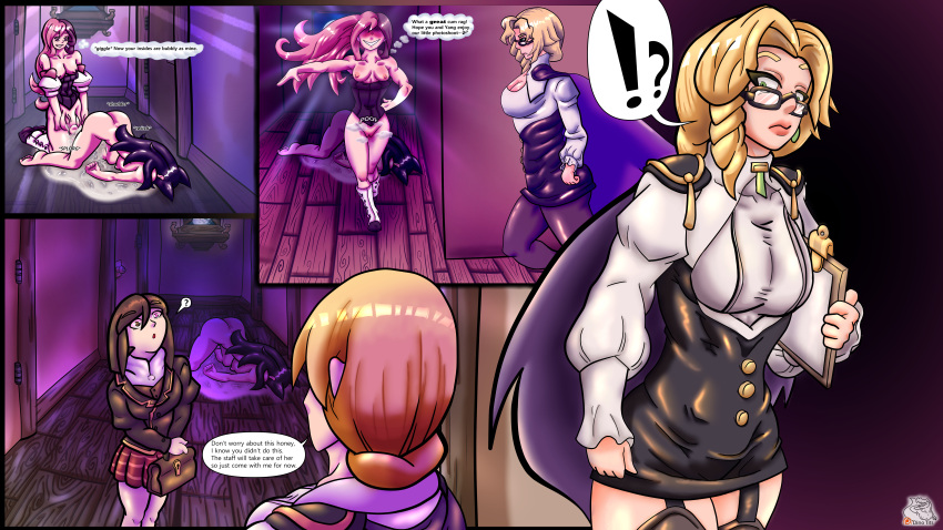 1futa 2girls after_sex areolae black_hair blake_belladonna blonde_hair breasts clothed clothing comic comic_page commission cum cum_drip cum_in_pussy cum_inside dialogue dinotits disguise english_text female fully_clothed futanari glynda_goodwitch human illusion light-skinned_female light-skinned_futanari light_skin long_hair multicolored_hair neo_(rwby) nipples rwby shapeshifter short_hair text