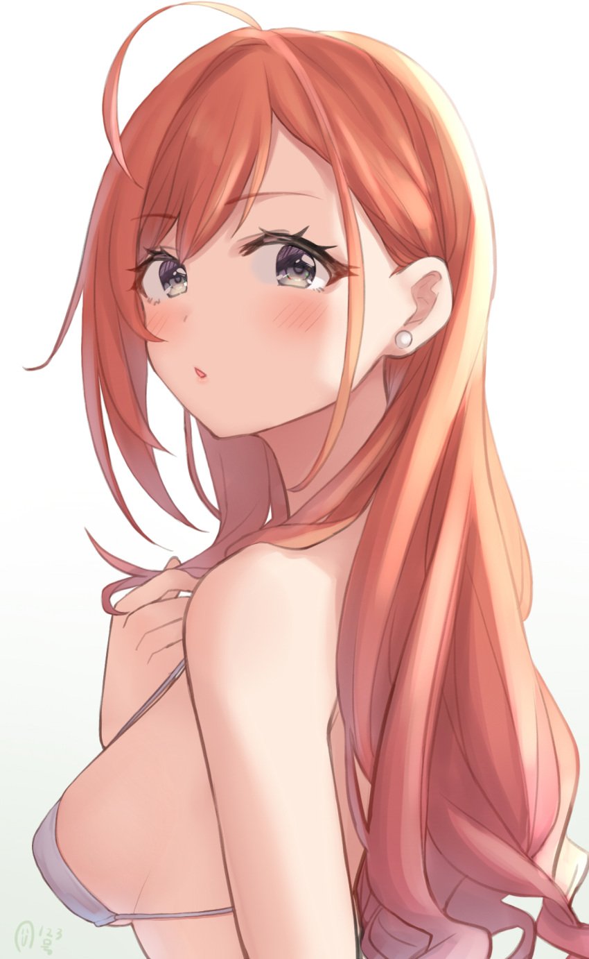 ahoge arisugawa_natsuha bangs black_eyes blush bra breasts earrings eyelashes female from_side hand_up highres idolmaster idolmaster_shiny_colors jewelry kijibato_123-gou long_hair looking_at_viewer looking_to_the_side orange_hair puckered_lips sideboob simple_background skindentation solo strap_gap string_bra swept_bangs underboob underwear underwear_only upper_body white_background white_bra