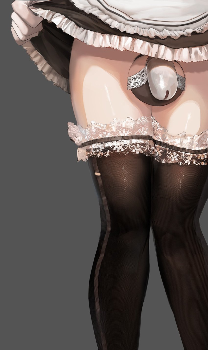 1boy alternate_version_available arknights balls bison_(arknights) chastity chastity_cage chastity_device close-up cock_cage dress_lift femboy maid maid_uniform mo_ne sissy solo solo_focus solo_male stockings tagme trap