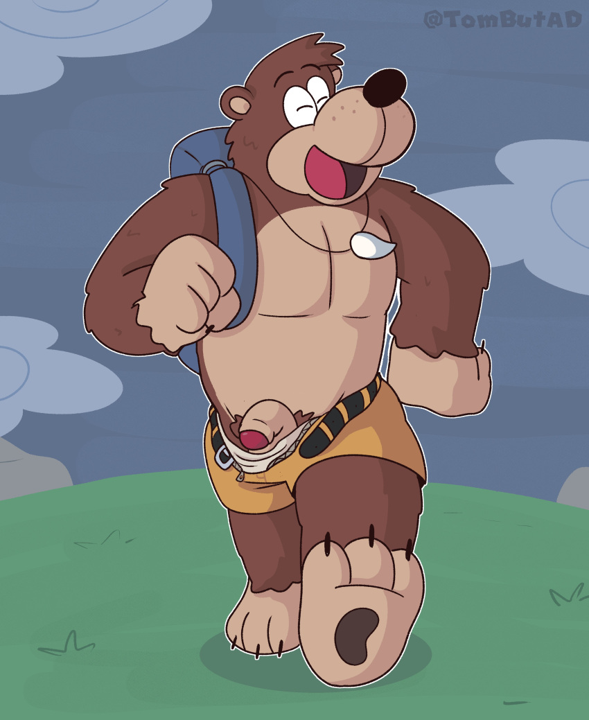 absurd_res accidental_exposure anthro backpack bag balls banjo-kazooie banjo_(banjo-kazooie) bear belt bottomwear brown_body brown_fur casual clothing flaccid fur genitals hi_res male male_only mammal penis rareware shorts smile solo tombutad ursid video_games