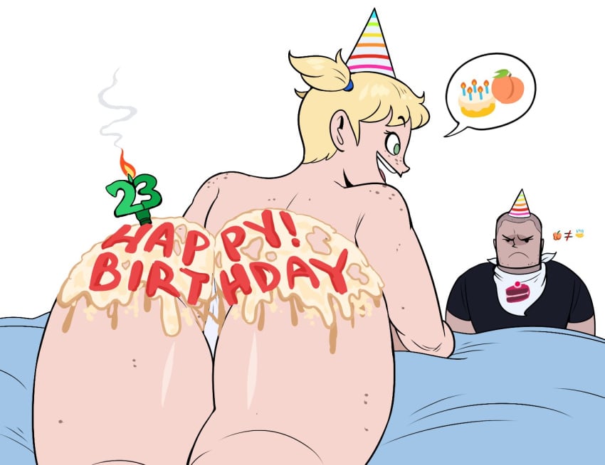 1boy 1girls argie_(hellonearthiii) ass birthday blonde_hair cake dj_(hellonearthiii) hellonearthiii pripyatory_(hellonearthiii)