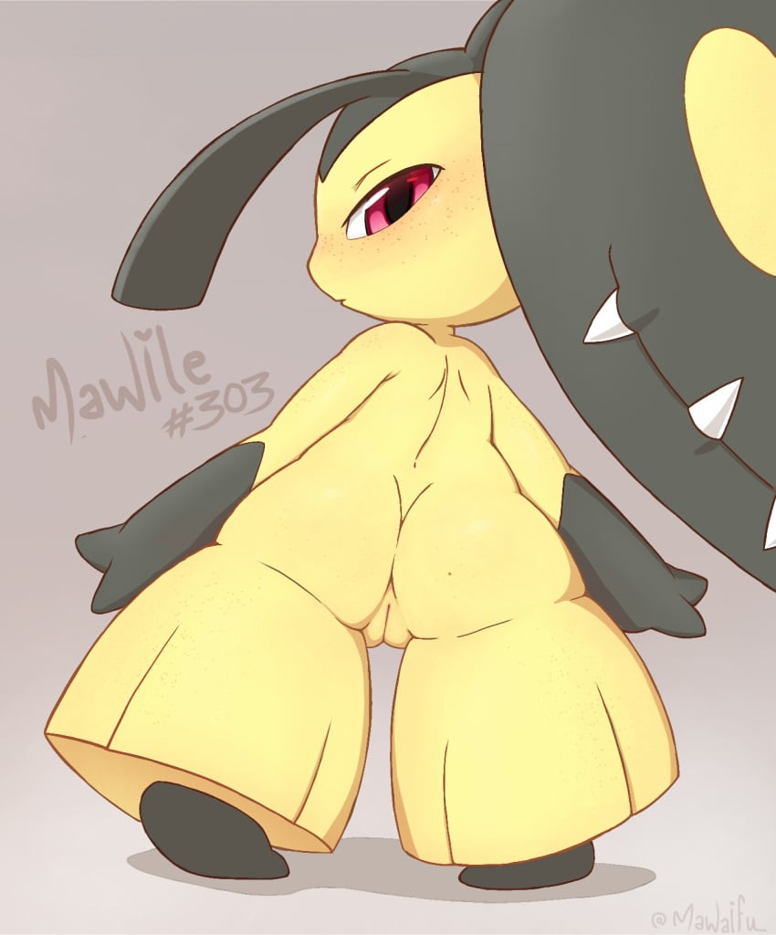 2022 anthro artist_name ass black_body black_hair blush butt digital_media_(artwork) female fingers freckles genitals glistening glistening_eyes grey_background hair hair_mouth half-closed_eyes hi_res looking_at_viewer looking_back looking_back_at_viewer mawaifu mawile multicolored_body narrowed_eyes nintendo nude pink_eyes pokemon pokemon_(species) pussy rear_view shadow signature simple_background solo standing teeth video_games yellow_body