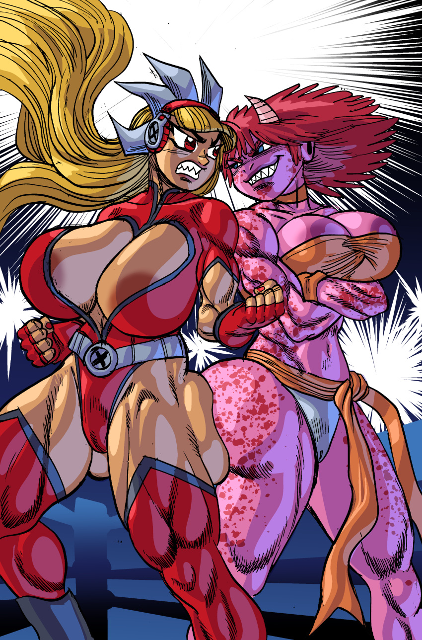 2girls bengus_stratovarious big_breasts cleavage female female_only genkai_toppa_wrestling! goudadunn headphones hi_res large_breasts muscular muscular_female nipple_slip nipples opera_(goudadunn) pink_scales pink_skin scalie sharp_teeth