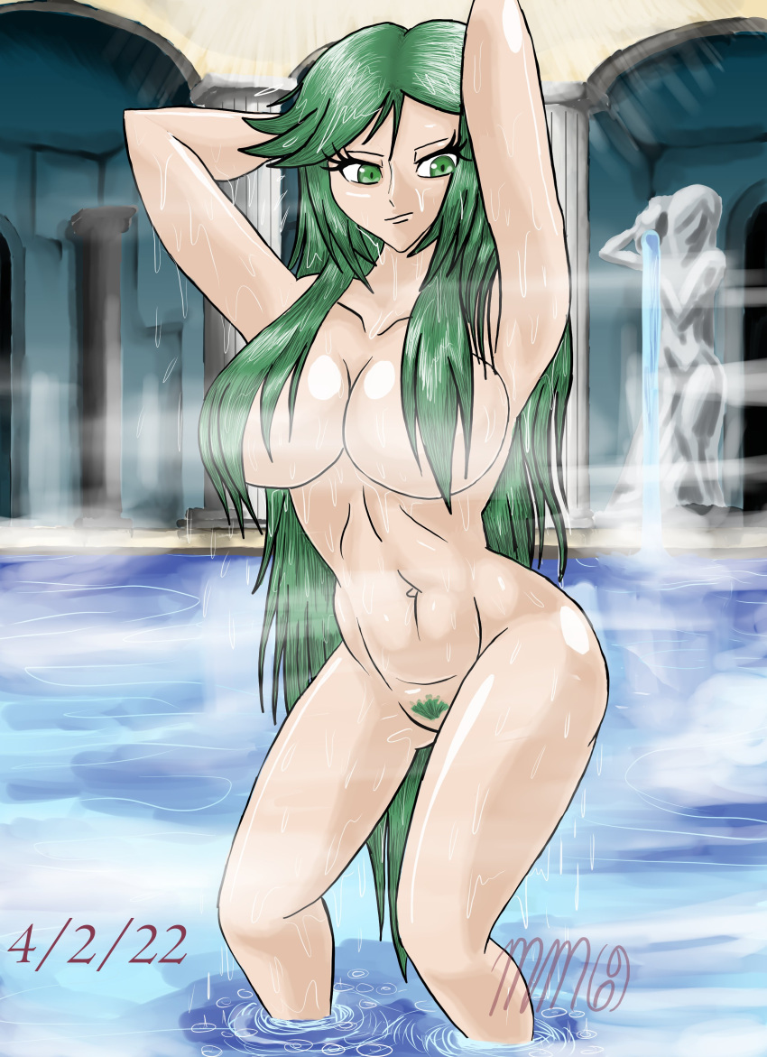 abs bathhouse bathing belly_button big_breasts breasts female godiva_hair green_eyes green_hair green_pubic_hair hair_over_breasts kid_icarus kid_icarus_uprising light-skinned_female light_skin long_green_hair mastermario90 naked nintendo nude palutena pubic_hair solo steam tagme wet wet_body wet_hair wet_skin