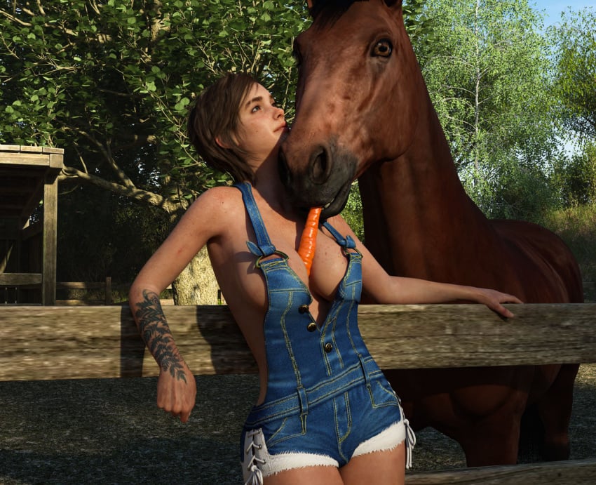 3d bare_shoulders busty carrot carrot_paizuri cleavage ellie_(the_last_of_us) ellie_williams female female_focus female_only freckles horse hourglass_figure michman79 overalls pinup pinup_pose tagme tattoo the_last_of_us the_last_of_us_2 wide_hips