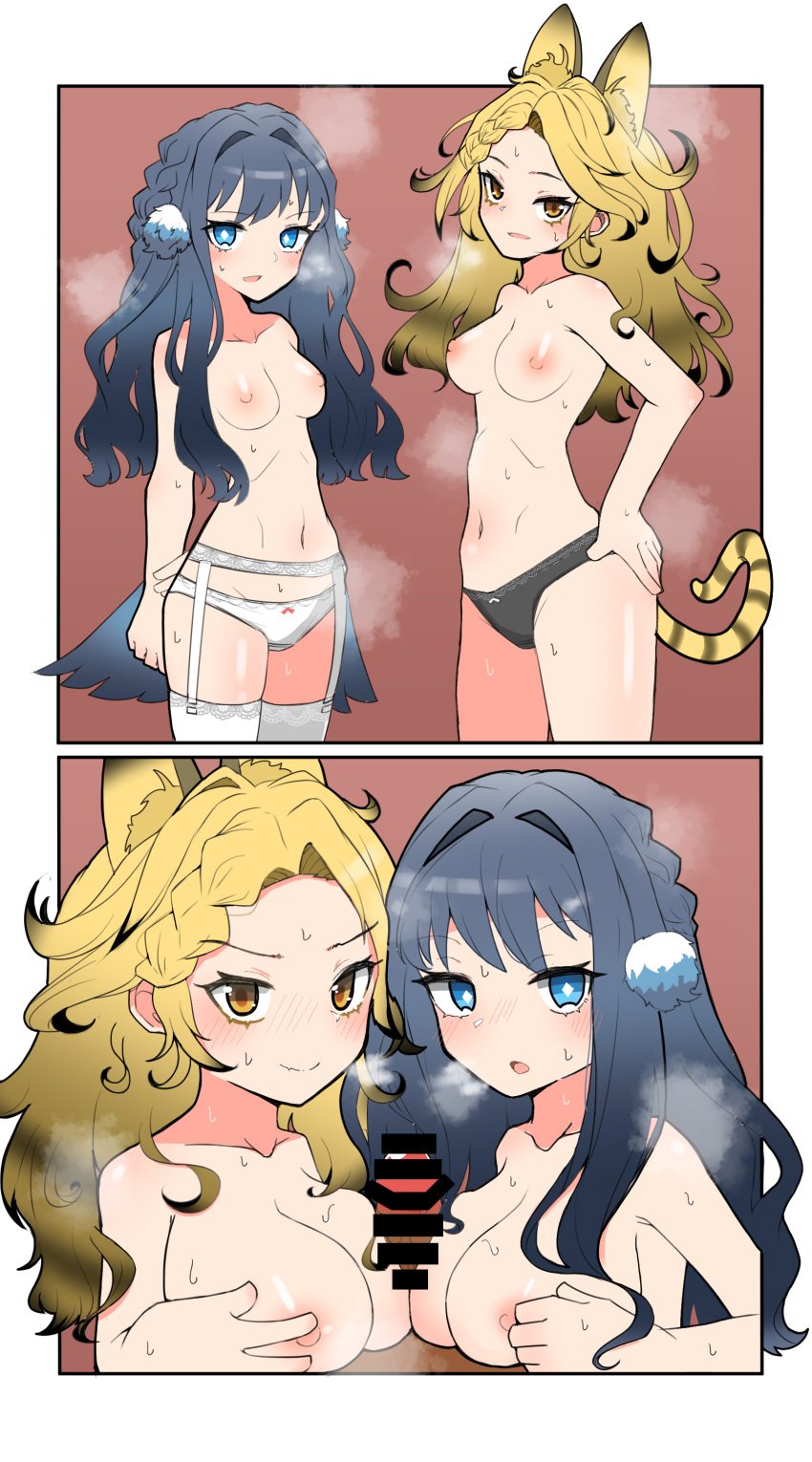 1boy 2girls animal_ears areolae arknights astesia_(arknights) big_breasts black_panties blue_eyes blue_hair blush breasts censor_bar censored embarrassed garter_belt hand_on_hip hands_on_chest highres legs legwear light-skinned_female long_hair looking_at_viewer medium_breasts navel nipples open_mouth p_arikui paizuri panties penis quercus_(arknights) smile standing steam steaming_body stockings straight sweat sweating tail underwear white_garter_belt white_legwear white_panties white_stockings wings yellow_eyes yellow_hair