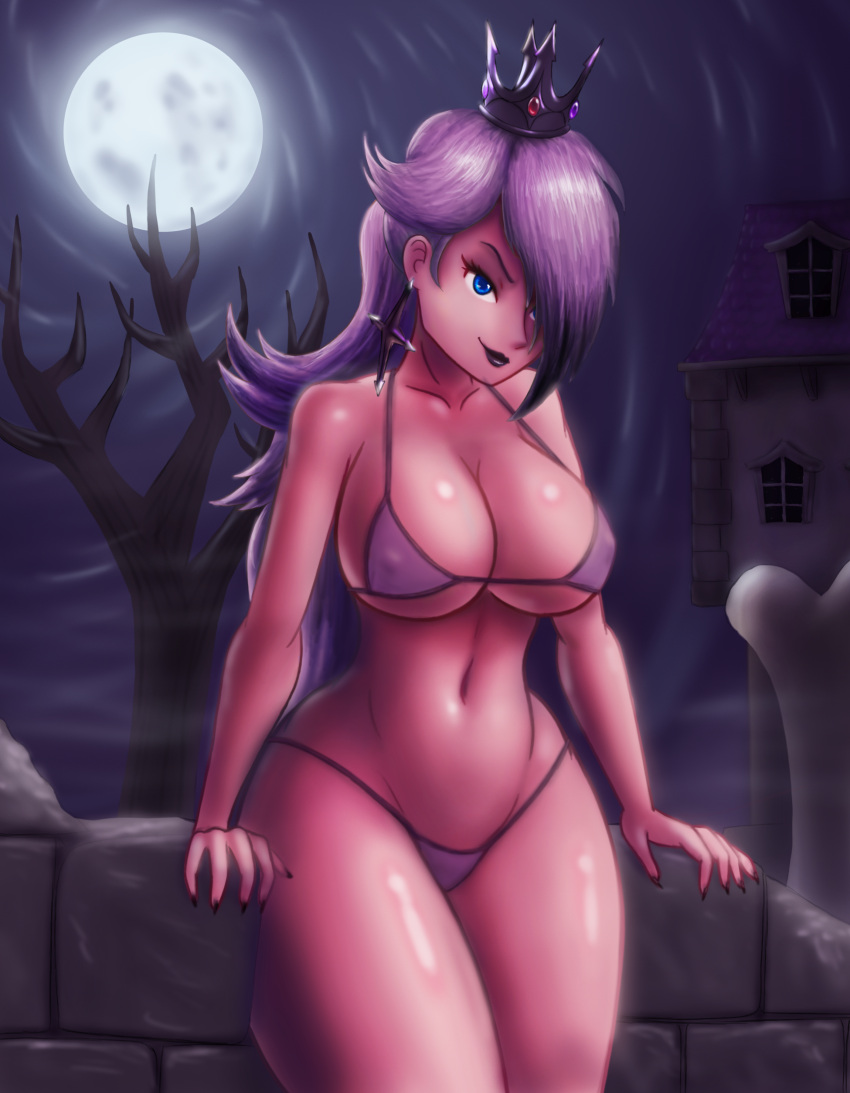 1female alternate_costume blocks breasts crown dark_purple_lips dark_sky female female_only front_view goth goth_girl gothic hair_over_one_eye haunted_house holding human large_breasts long_hair looking_at_viewer mario_(series) moon moonlight night nintendo outdoors pale-skinned_female princess_rosalina purple_bikini purple_hair saf-404 saf404 saf_404 safartwoks safartworks solo standing super_mario_galaxy thick_thighs video_game_character voluptuous_female