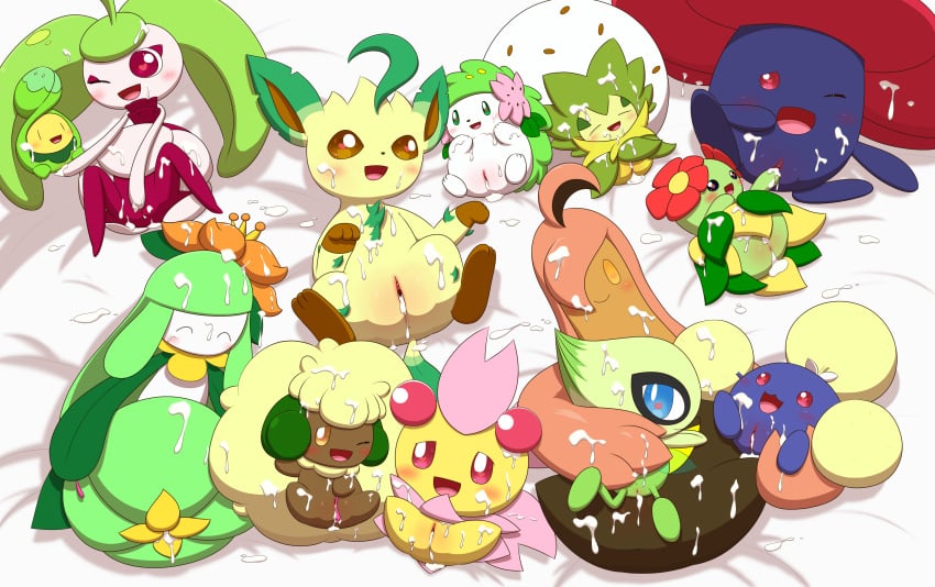 <3_eyes absurd_res after_sex anthro bed bedding bedding_background bellossom blush bodily_fluids budew celebi cherrim closed_eyes cum cum_everywhere cum_in_hair cum_in_pussy cum_inside cum_on_body cum_on_face cum_on_leg cum_pool eeveelution eldegoss elemental_creature female feral flora_fauna furniture genital_fluids genitals gourgeist group hair heart hi_res jumpluff land_forme_shaymin large_group leafeon legendary_pokémon lilligant messy minami_(artist) nintendo on_bed one_eye_closed open_mouth open_smile plant plant_hair pokemon pokemon_(species) pseudo_hair pussy shaymin smile steenee sunshine_form_cherrim uncensored video_games vileplume whimsicott