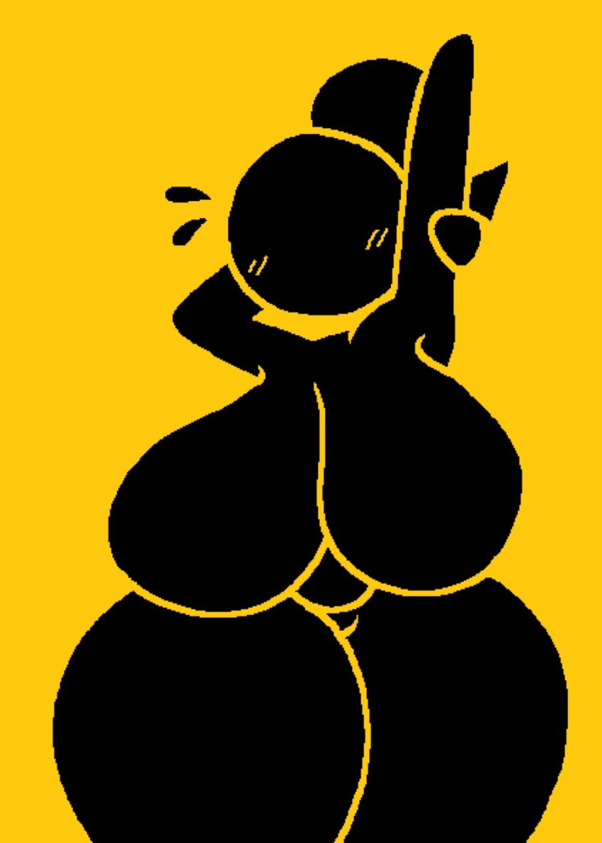 big_breasts big_thighs black_body caution_sign female floating_head jjoyplus pictogram stickman stretching thick_thighs warning_sign warning_sign_person yellow_background