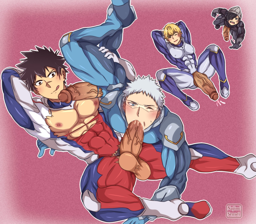 4boys abs astra_lost_in_space balls bara big_penis black_hair blonde_hair blue_eyes bodysuit brown_eyes brown_hair charce_lacroix cum erection gay kanata_hoshijima kanata_no_astra male_focus mature_male multiple_boys muscle muscles muscular muscular_male muscular_thighs najimi-sensei nipples oral pecs penis short_hair silver_hair simple_background smile testicles ulgar_zweig uncensored white_hair yaoi zack_walker