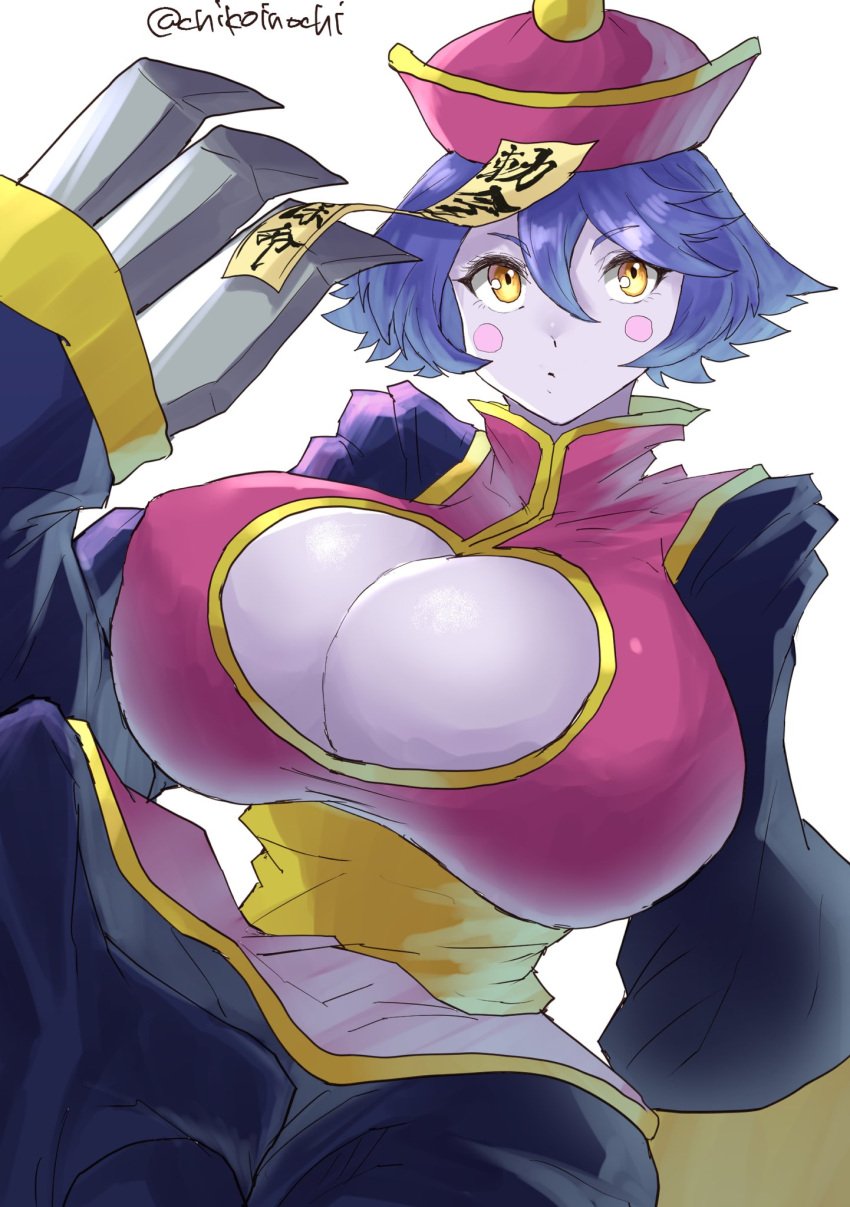 big_breasts blue_skin capcom chikoinochi claws clothing darkstalkers hsien_ko large_breasts lei-lei lei_lei looking_at_viewer undead vampire white_background