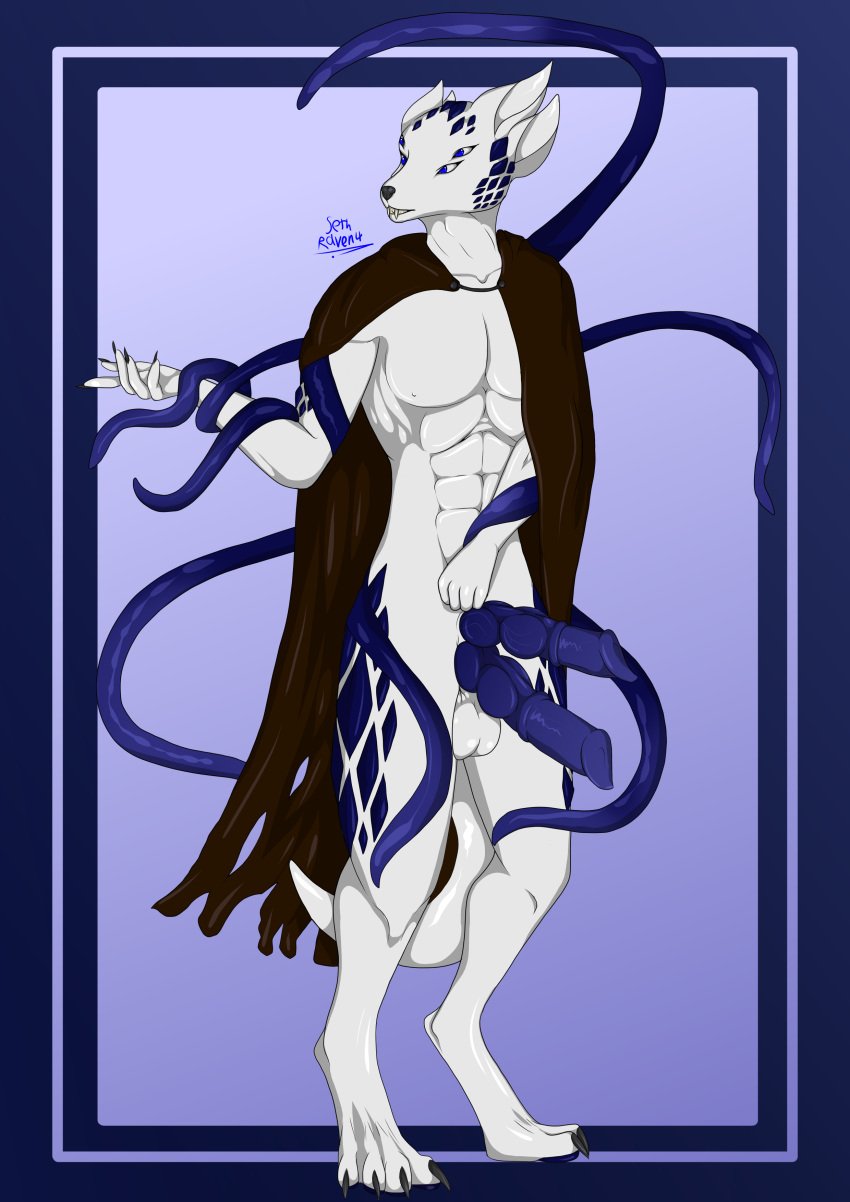 2_penises 4_ears 4_eyes absurd_res alien alien_genitalia animal_genitalia animal_penis anthro balls big_balls big_penis black_nose blue_body blue_eyes blue_scales blue_tentacles canid canine canine_genitalia canine_penis cape cape_only cel_shading claws cloak cloak_only clothing digitigrade diphallia diphallism erection genitals hi_res knot korvich_(ronanthewingedwolf) male male_only mammal mostly_nude multi_ear multi_eye multi_genitalia multi_knot multi_penis nipples penis scales sethraven4 shaded signature slit solo teeth teeth_showing tentacle tentacles_on_male white_body