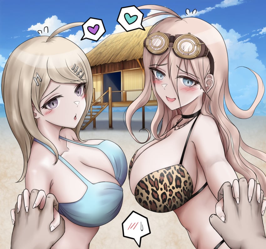 1boy 2girls akamatsu_kaede big_breasts blonde_hair breasts busty danganronpa danganronpa_v3 glasses_on_head gon_(congchuabuoito) hair_ornament huge_breasts iruma_miu large_breasts long_hair multiple_girls naughty_face smile swimsuit voluptuous voluptuous_female