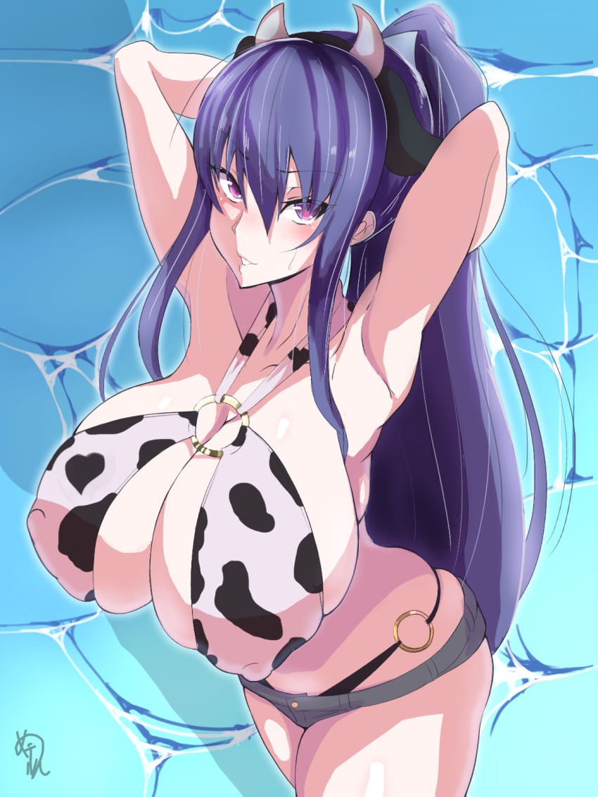 akiyama_rinko animal_ears animal_print armpits arms_behind_head bikini blue_hair blush breasts cleavage covered_nipples cow_ears cow_horns cow_print female highres horns huge_breasts long_hair men_teru micro_shorts nipples o-ring o-ring_bikini ponytail purple_eyes shorts signature smile solo swimsuit taimanin_(series) taimanin_rpgx taimanin_yukikaze very_long_hair water