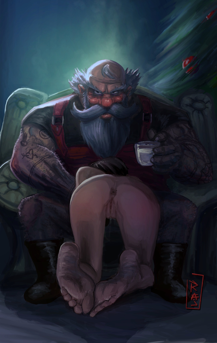 1boy 1girls 2d all_fours anus arm_tattoo armchair ass background balding barefoot beard bodily_fluids boots chair christmas christmas_outfit christmas_tree clothed clothed_male clothing completely_nude creampie drink duo exposed_ass facial_hair feet fellatio female footwear hair hairy hairy_arms hairy_legs hairy_male hi_res holding_drink holding_object human implied_oral implied_sex larger_male light-skinned_female light-skinned_male light_skin long_beard looking_at_viewer male milk moustache nose nude nude_female on_chair on_floor oral overalls pussy pussy_juice rajdraw rear_view red_clothing santa_claus shirt shoes short_sleeves sitting size_difference sleeveless smaller_female soles spiky_hair spread_legs straight tattoo watermark