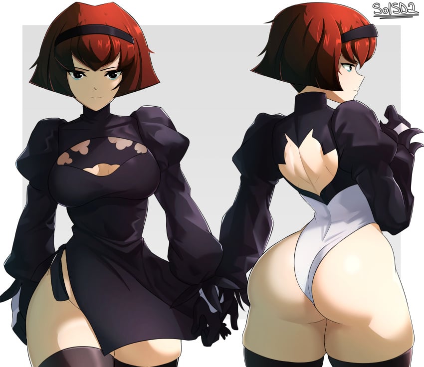 1girls android ass back back_view big_ass black_eyes black_thighhighs breasts brown_hair clothing cosplay dat_ass female female_only hips huge_ass legwear leotard nier:_automata nier_(series) r._dorothy_wayneright red_hair short_hair sol-sama_d2 solo solo_female square_enix the_big_o thick_thighs thighhighs thighs white_skin wide_hips yorha_2b_(cosplay)