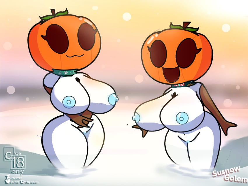 :3 :d big_ass big_breasts big_butt blue_nipples cos-18only cute minecraft nipples pumpkin_head shiny_nipples snow_golem snowman snowwoman