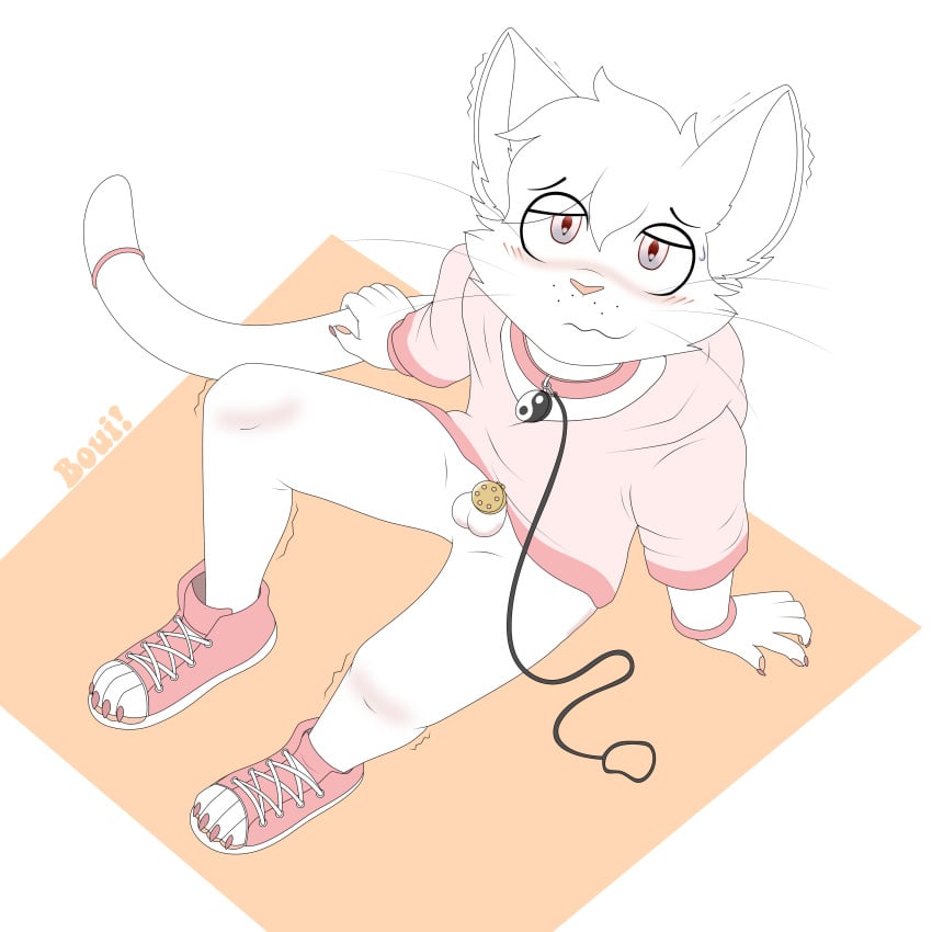 1:1 absurd_res anthro boui chastity_cage chastity_device clothing collar converse_shoes domestic_cat felid feline felis flat_chastity_cage hi_res hoodie leash male mammal pink_clothing pink_hoodie pink_topwear shaking shy solo topwear