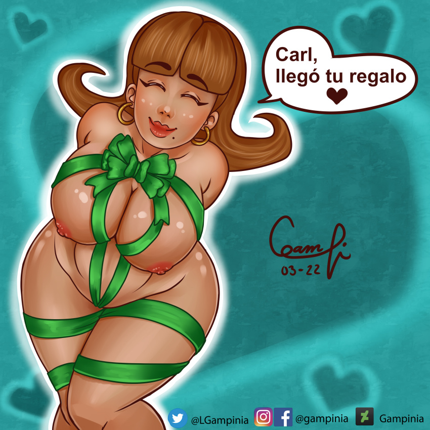 big_breasts breasts_out closed_eyes gampinia gift_wrapped jimmy_neutron_boy_genius judy_neutron mature_female milf mother spanish_text speech_bubble straight_hair