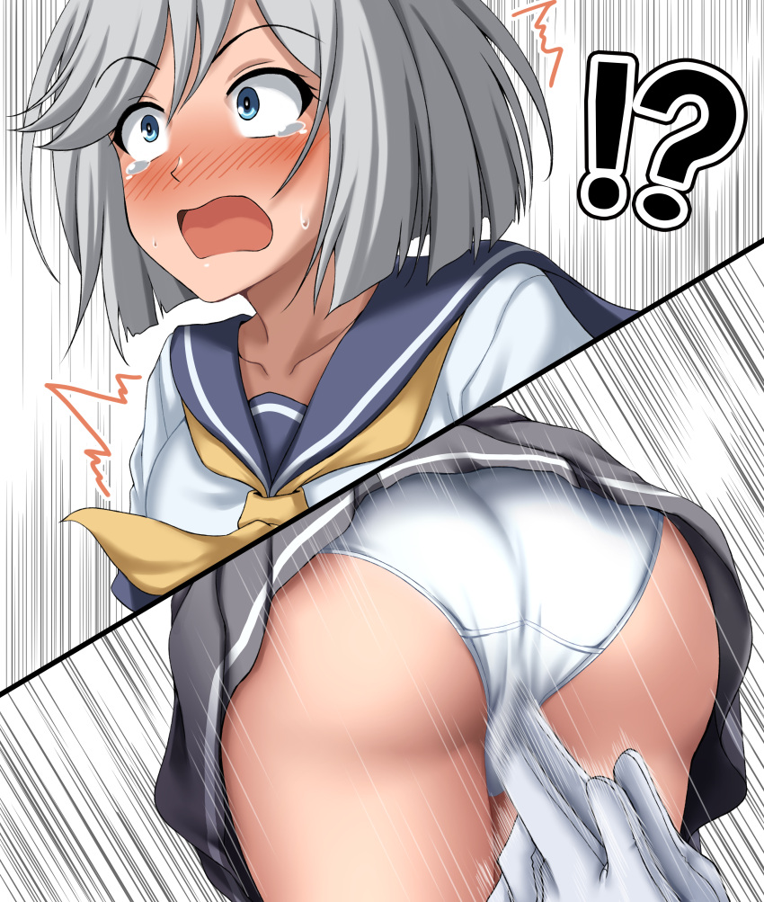 1boy 1girls ?! ass blue_eyes blush gloves hamakaze_(kantai_collection) kancho kantai_collection panties satin satin_panties shock short_hair silver_hair skirt surprised sweat tagme thousand_years_of_death upskirt white_gloves white_panties zanntetu