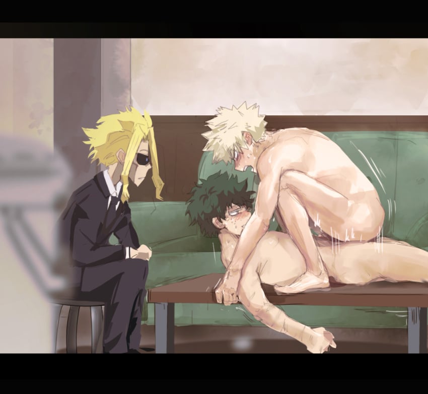 3boys anal anal_sex cowgirl_position darkline gay gay_anal gay_sex izuku_midoriya katsuki_bakugou male male/male male_only my_hero_academia no_visible_genitalia nude nude_male sketch toshinori_yagi yaoi