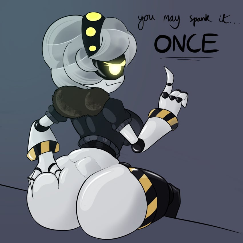 1girls ass ass_focus ass_grab breasts female_only glitch_productions grabbing_own_ass hand_on_butt keesperchurker murder_drones robot robot_girl short_hair smug tagme text topwear v_(murder_drones) white_hair yellow_eyes you_may_spank_it_once_(meme)