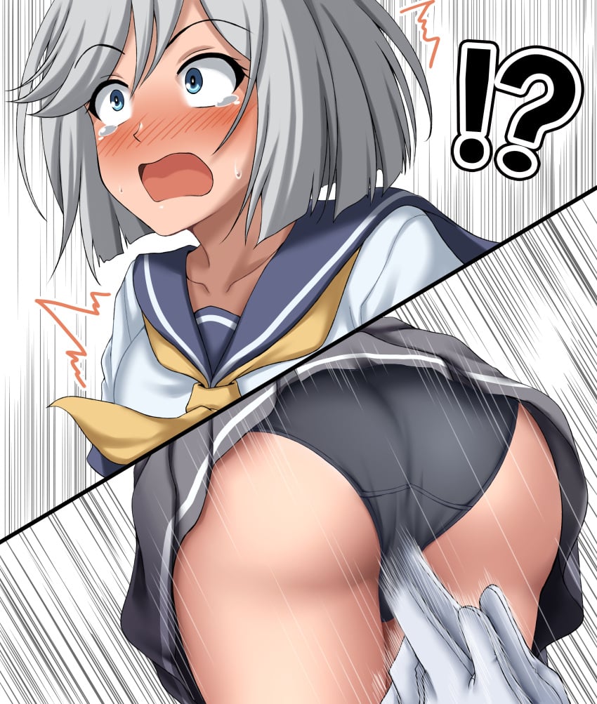 ?! ass black_panties blue_eyes blush hamakaze_(kantai_collection) kancho kantai_collection panties shock short_hair silver_hair skirt surprised sweat tagme upskirt zanntetu