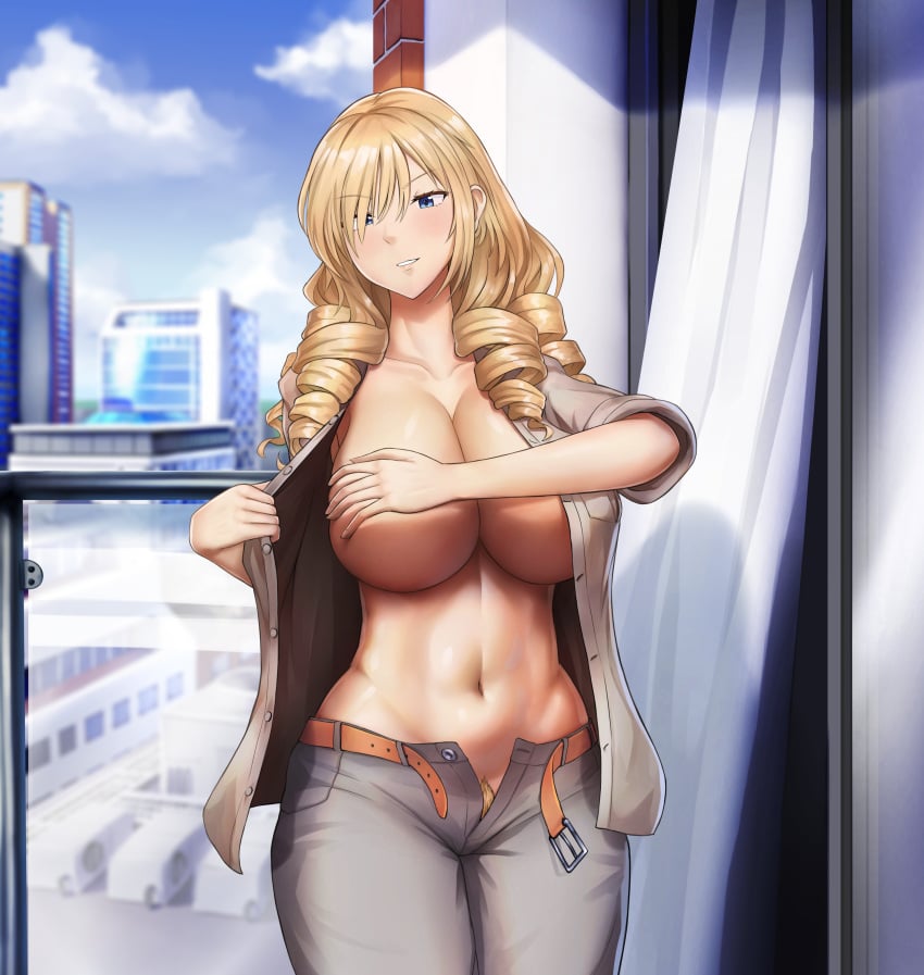 1girls big_breasts blonde_hair blue_eyes breasts brown_pants brown_shirt busty child_bearing_hips covering_breasts covering_privates dressing drill_hair female female_only grabbing_own_breast hair_over_one_eye highres huge_breasts legs linea_alba long_hair long_sleeves looking_at_viewer mouth_hold navel no_bra no_panties open_clothes oriana_thompson pants parted_lips pubic_hair pubic_hair_peek seductive_smile sensual shirt smile solo teasing thick_thighs thighs to_aru_majutsu_no_index toned unbuttoned unzipped voluptuous wide_hips window