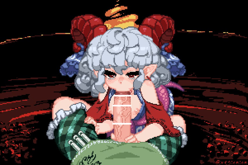 1futa 1girls animated bar_censor big_penis blue_dress breasts breasts_out censored clothed clothes_pull clothes_writing clothing cum cum_in_mouth cum_on_tongue curly_hair detached_sleeves dress earrings erection fellatio female futa_on_female futa_with_female futanari futanari_pov gokkun green_shirt green_shorts horn_ornament horn_ribbon horns human jewelry light-skinned_female light-skinned_futanari light_skin mostly_clothed multiple_girls open_mouth oral penis pointy_ears pov red_eyes red_horns red_sleeves ribbon sex sharp_teeth sheep_horns shirt shirt_pull short_hair shorts small_breasts sukunashi_negi tail tail_around_waist teeth tenkajin_chiyari touhou white_hair yuuma_toutetsu