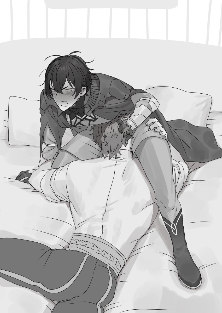 2boys ass blowjob blush byleth_(fire_emblem) byleth_(fire_emblem)_(male) clothing deepthroat erect_penis erection fellatio fire_emblem fire_emblem:_three_houses fully_clothed gay gay_blowjob gay_sex implied_fellatio implied_oral male male/male male_only monochrome nintendo no_visible_genitalia nonesabu on_bed oral oral_penetration oral_sex skinny sylvain_jose_gautier teacher_and_student yaoi