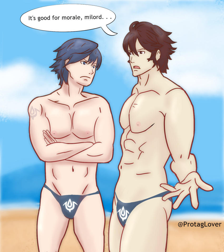 blue_eyes blue_hair blue_swimsuit brown_eyes brown_hair chrom_(fire_emblem) crossed_arms english_text fire_emblem fire_emblem_awakening frederick_(fire_emblem) looking_at_another male male_only muscular muscular_male nintendo protaglover short_hair swimsuit text unamused wincetoldme