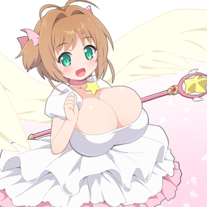 breast_expansion breast_focus breasts cardcaptor_sakura cleavage dress female green_eyes hair_ribbon highres holding holding_weapon huge_breasts light_brown_hair petals pink_background pink_ribbon puffy_dress puffy_short_sleeves puffy_sleeves ribbon rose_petals sakura_kinomoto shirogane_hakuba short_hair short_sleeves short_twintails solo star_(symbol) star_rod twintails weapon white_dress