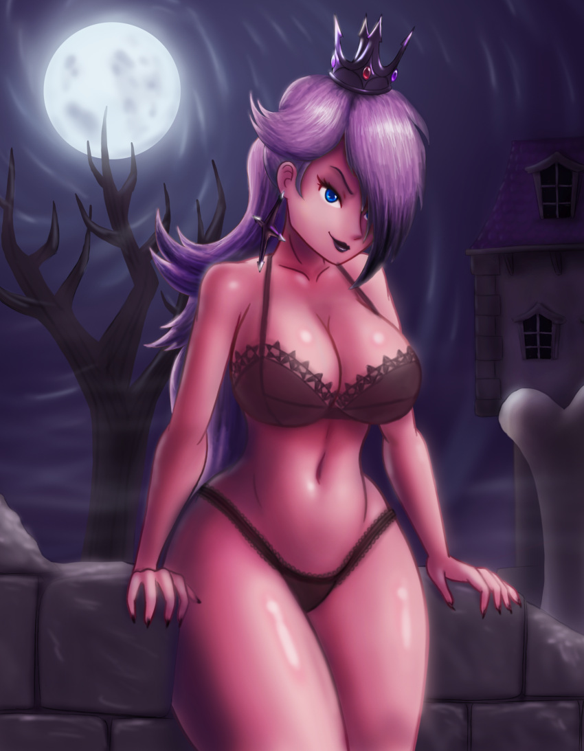 1female alternate_costume black_lingerie blocks breasts crown dark_purple_lips dark_sky female female_only front_view goth goth_girl gothic hair_over_one_eye haunted_house holding human large_breasts lingerie long_hair looking_at_viewer mario_(series) moon moonlight night nintendo outdoors pale-skinned_female princess_rosalina purple_hair saf-404 saf404 saf_404 safartwoks safartworks solo standing super_mario_galaxy thick_thighs video_game_character voluptuous_female