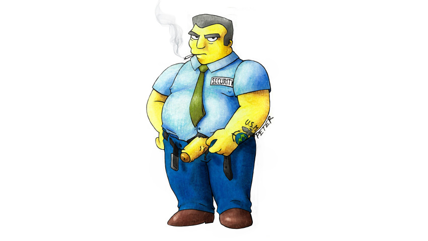 clothed don_brodka eyebrows fat fat_man grey_eyebrows grey_hair hair male male_only overweight pants penis peterdamart shirt smoking solo the_simpsons yellow_penis yellow_skin