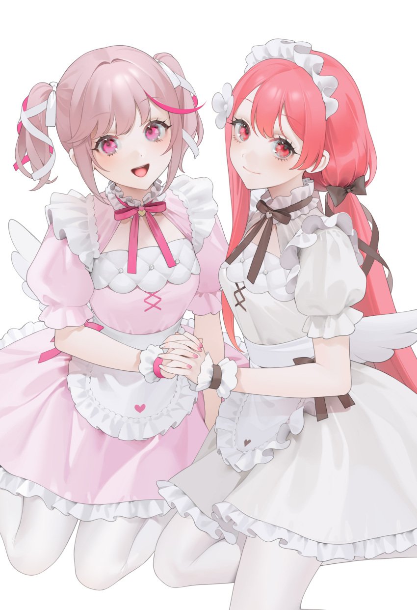 2girls apron bow brown_bow brown_hair brown_ribbon character_request choker closed_mouth dress female female_focus female_only flower frilled_dress frills hair_flower hair_intakes hair_ornament hair_ribbon hairbow heart heart_print holding_hands interlocked_fingers long_hair looking_at_viewer maid maid_headdress multiple_girls nail_polish ohisashiburi open_mouth original original_character original_characters pantyhose pink_dress pink_eyes pink_hair pink_nails pink_ribbon puffy_short_sleeves puffy_sleeves red_eyes red_hair ribbon ribbon_choker short_sleeves smile teeth tress_ribbon twintails two-sided_ribbon waist_apron white_apron white_dress white_nails white_pantyhose white_ribbon wings