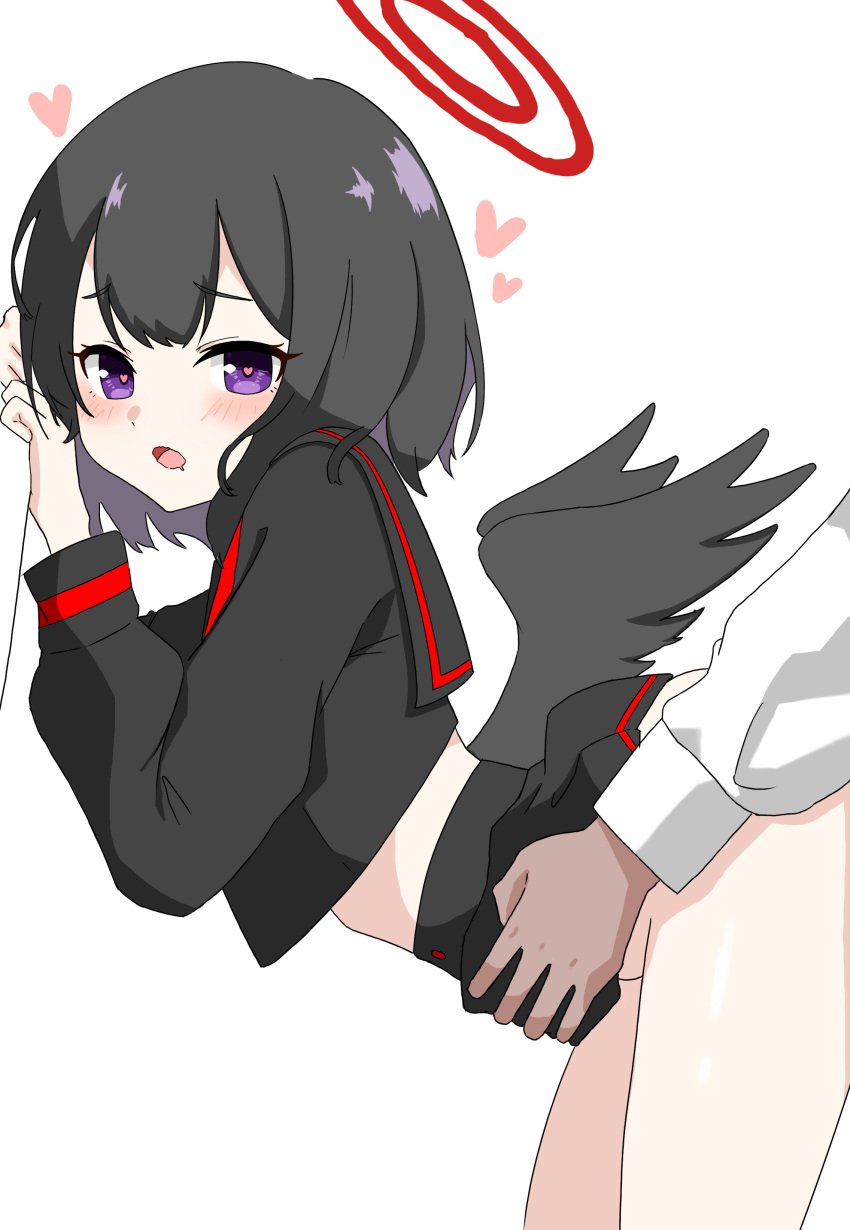 1boy absurdres ass black_hair black_serafuku black_shirt black_skirt black_wings blue_archive blush crop_top crop_top_overhang feathered_wings female halo heart heart-shaped_pupils high-waist_skirt highres justice_task_force_(blue_archive) long_sleeves low_wings mashiro_(blue_archive) midriff miniskirt oha_h22 open_mouth pink_pupils purple_eyes red_halo school_uniform serafuku sex sex_from_behind shirt short_hair simple_background skirt solo_focus standing standing_sex straight symbol-shaped_pupils thighs trinity_general_school_student white_background wings