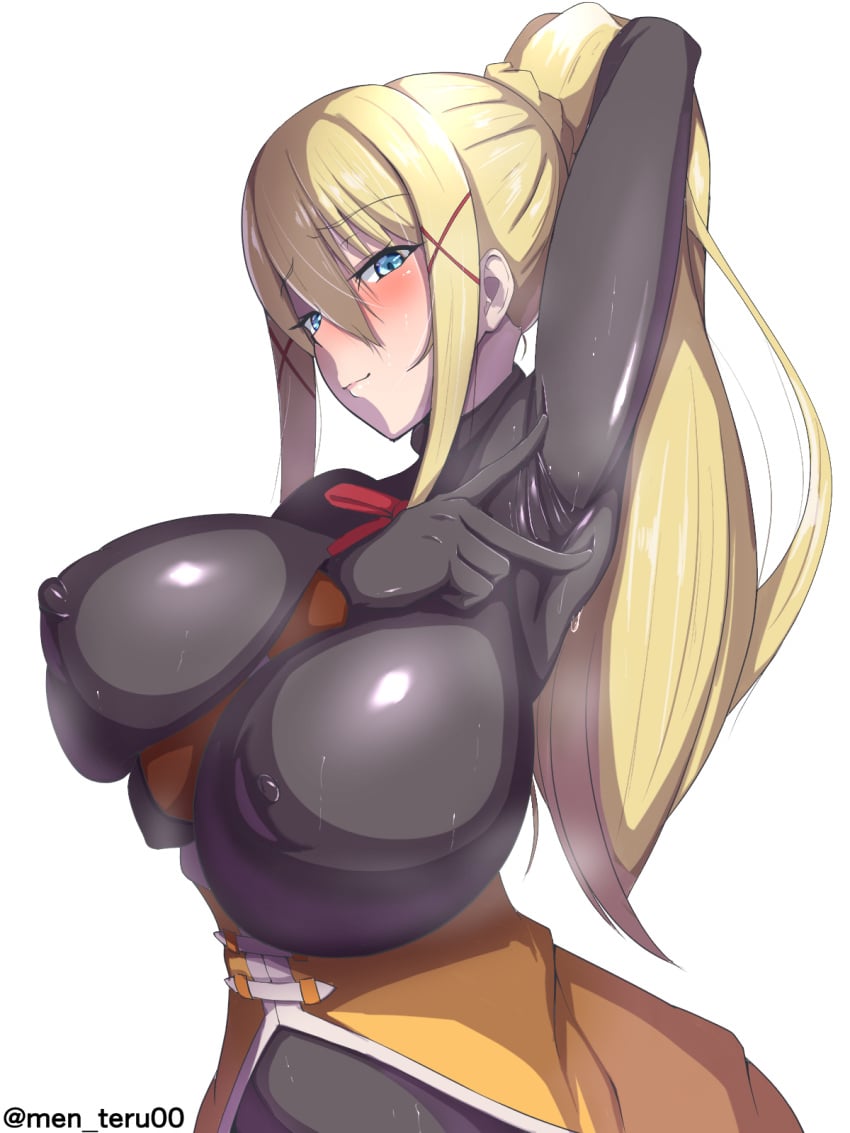 arm_between_breasts arm_up armpits between_breasts black_bodysuit blonde_hair blue_eyes blush bodysuit braid breasts check_commentary commentary_request covered_armpit covered_nipples crown_braid darkness_(konosuba) female hair_ornament highres huge_breasts impossible_bodysuit impossible_clothes kono_subarashii_sekai_ni_shukufuku_wo! long_hair men_teru nipple_bulge nipples_visible_through_clothing ponytail puffy_nipples red_ribbon ribbon shiny_clothes skin_tight spread_armpit steaming_body strap_between_breasts sweat v very_long_hair x_hair_ornament