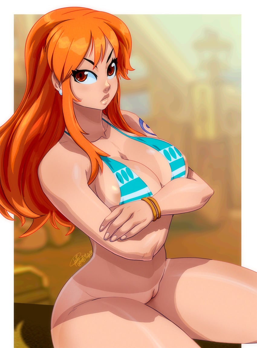 1girls ass big_breasts bikini bottomless breasts casual casual_nudity cleavage clothing cyan_bikini female female_only innie_pussy long_hair looking_at_viewer nami nami_(one_piece) no_panties one_piece orange_hair post-timeskip pussy red_hair solo striped_bikini tovio_rogers