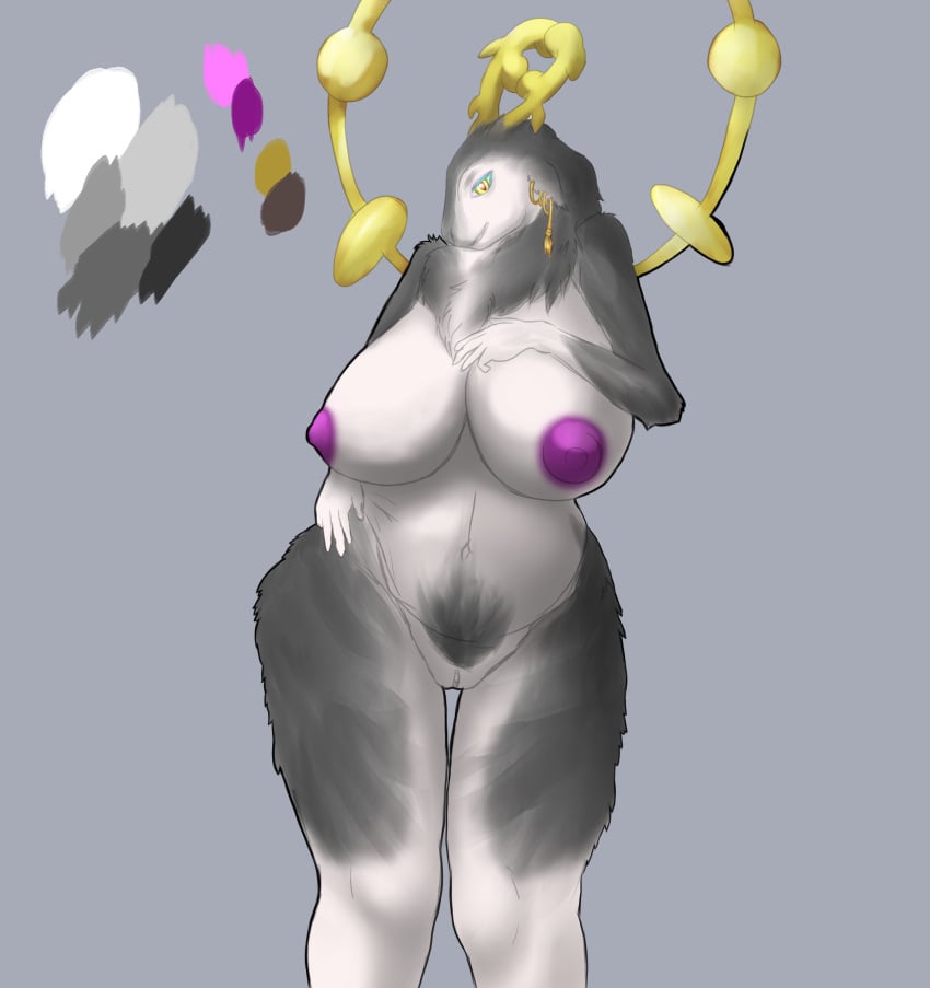 2022 absurd_res anthro big_breasts breasts cervid cervine chubby_female curvaceous curvy_figure dark_body dark_fur female fur grey_background hi_res humanoid laffulaffubread light_body light_fur mammal mature_anthro mature_female pubes simple_background slightly_chubby solo voluptuous yellow_antlers yellow_eyes