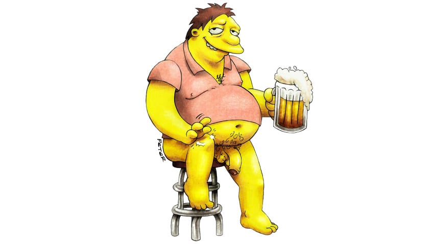 alcohol balls barney_gumble beer belly big_belly bottomless bottomless_male brown_hair fat fat_man male_only overweight penis peterdamart shirt solo the_simpsons yellow_balls yellow_penis yellow_skin