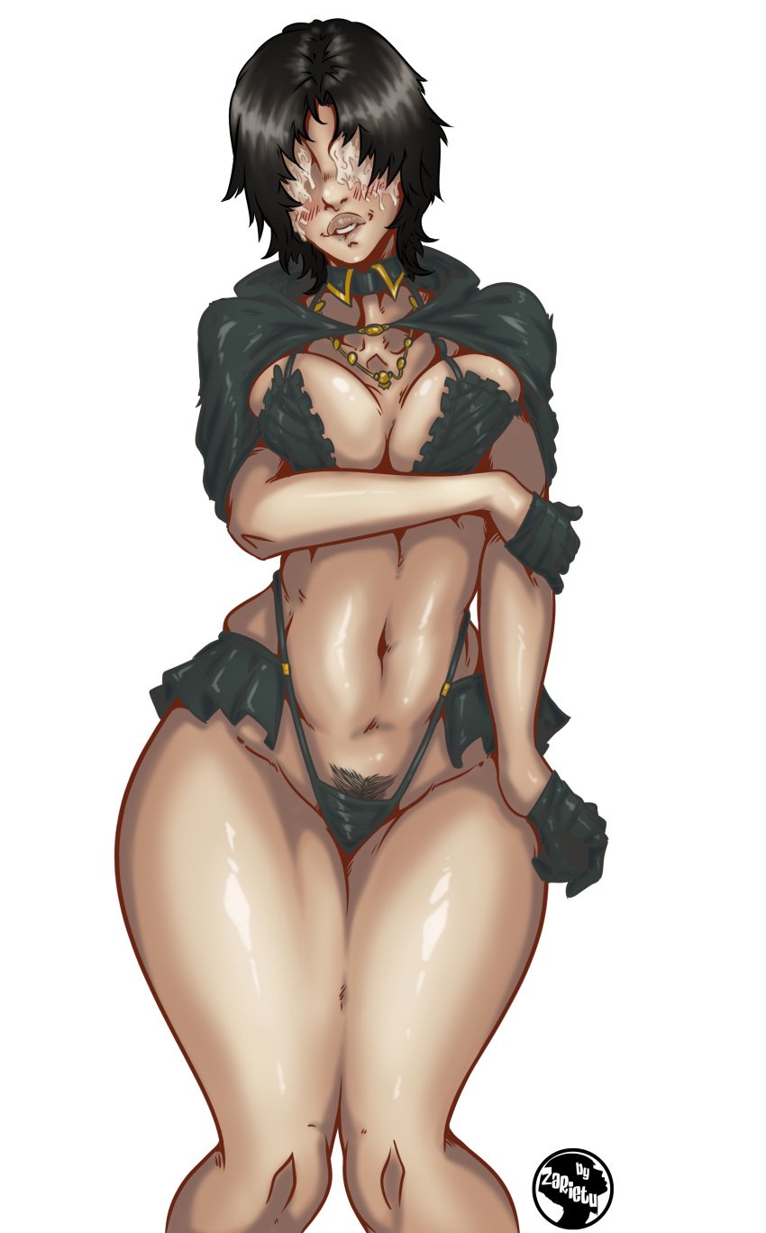 1girls bandage_bra bandages bikini black_clothing black_hair blind blushing cape choker clothed collar covered_eyes demon's_souls female female_focus female_only fromsoftware hairy_pussy hips jewelry maiden_in_black medium_breasts partially_clothed ruffled_skirt ruffles short_hair shy smiling_at_viewer souls_(from_software) standing thick_thighs white_background white_skin zarietu