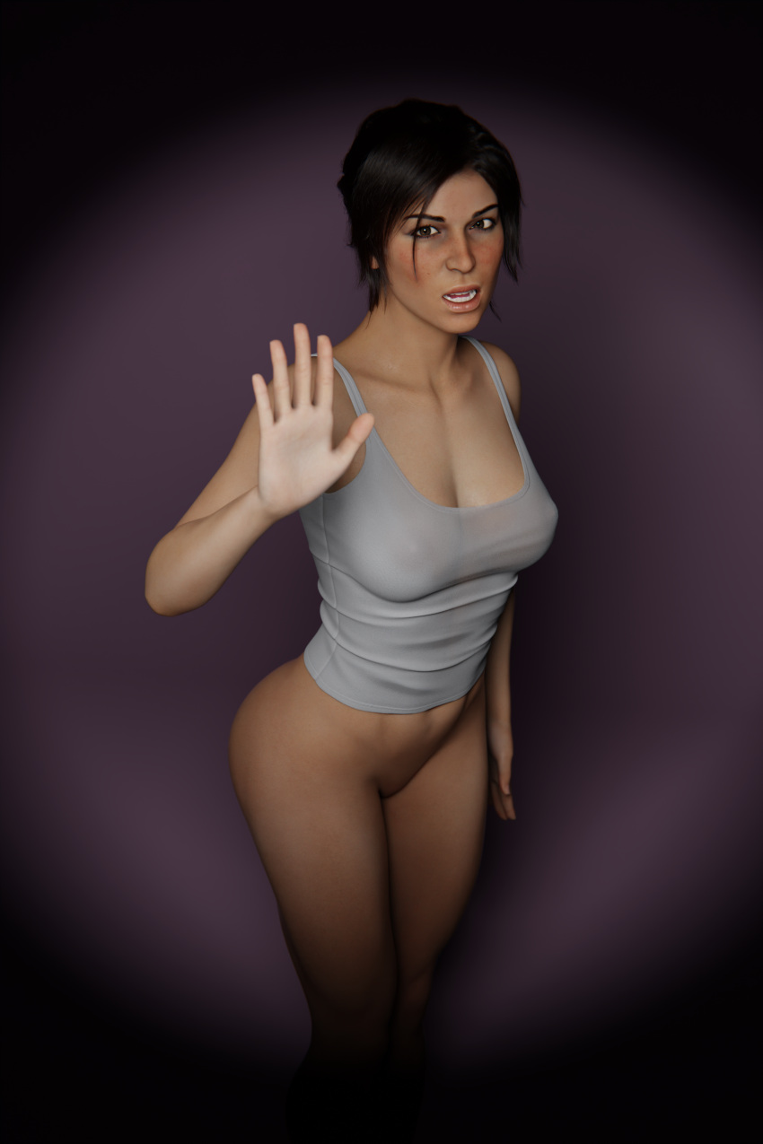 3d abs big_breasts brown_hair casting changing_room flash lara_croft lara_croft_(survivor) model modeling photoshoot sinaf stalker tank_top tomb_raider wet