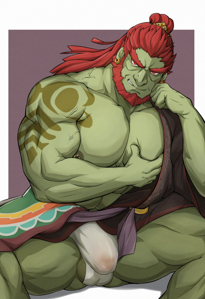 balls bara beard bulge facial_hair flaccid ganondorf ganondorf_(tears_of_the_kingdom) gerudo green_body green_skin kareraisu male male_only muscles muscular nintendo penis red_hair sitting solo solo_male spread_legs tears_of_the_kingdom the_legend_of_zelda