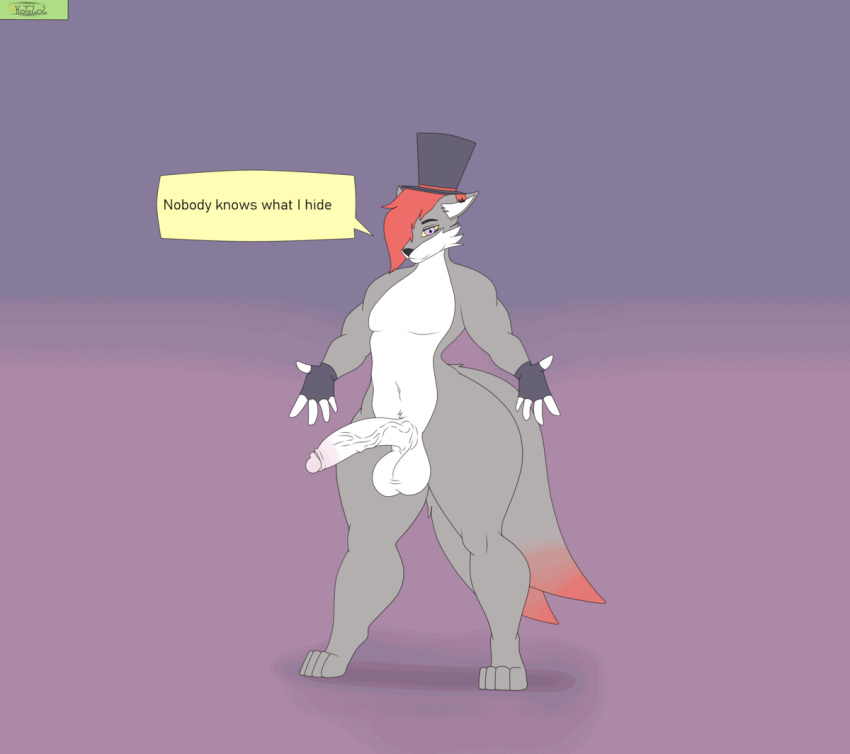 animated anthro ass big_butt big_penis canid canine canis clothing dialogue diphallia diphallism fish flat_colors fox genitals gloves handwear hat headgear headwear kaizo_(character) male male_only mammal marine multi_genitalia multi_penis penis photolol.03 purple_eyes red_eyes simple_background solo text thick_thighs transformation wide_hips